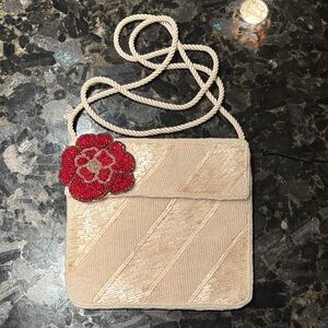 Kai-Yin Lo Seed Beaded Evening Cream Beaded Bag with Red Floral Accent